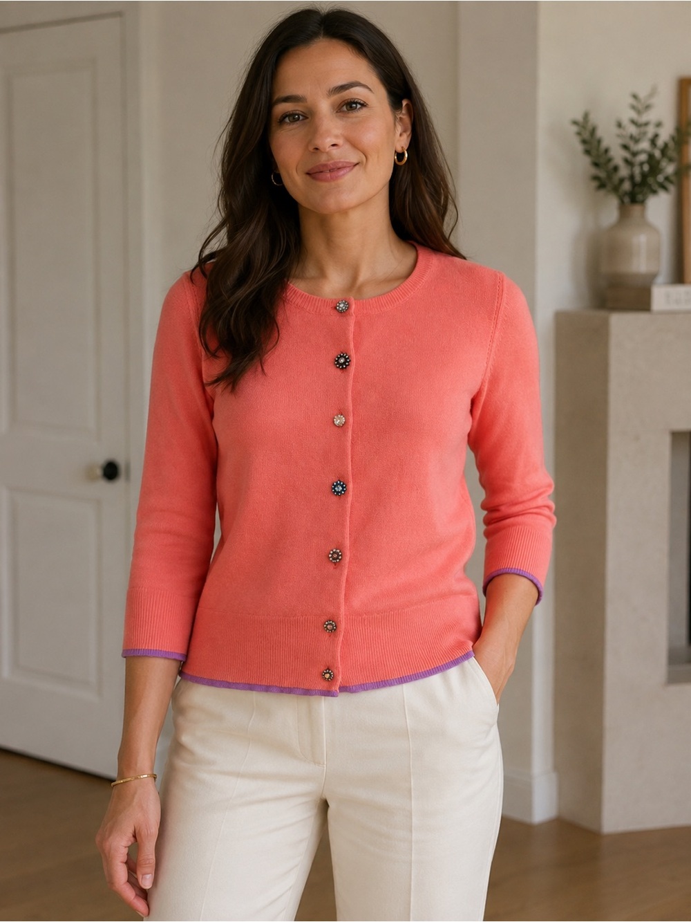 White + Warren 100% Cashmere Women’s Pink Crewneck Jeweled Button Cardigan
